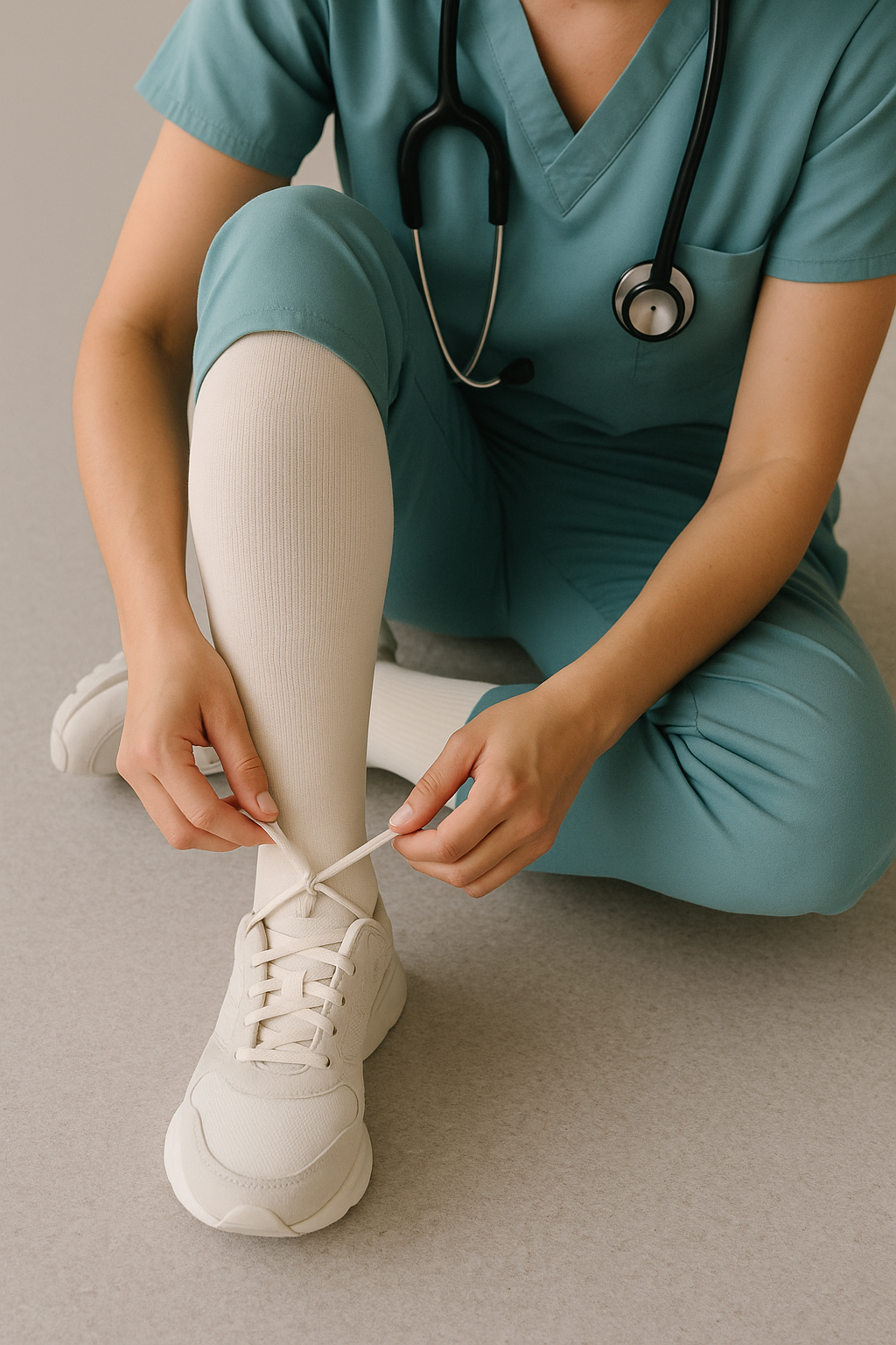 Nurse wearing lavender compression socks while tying shoes in hospital setting