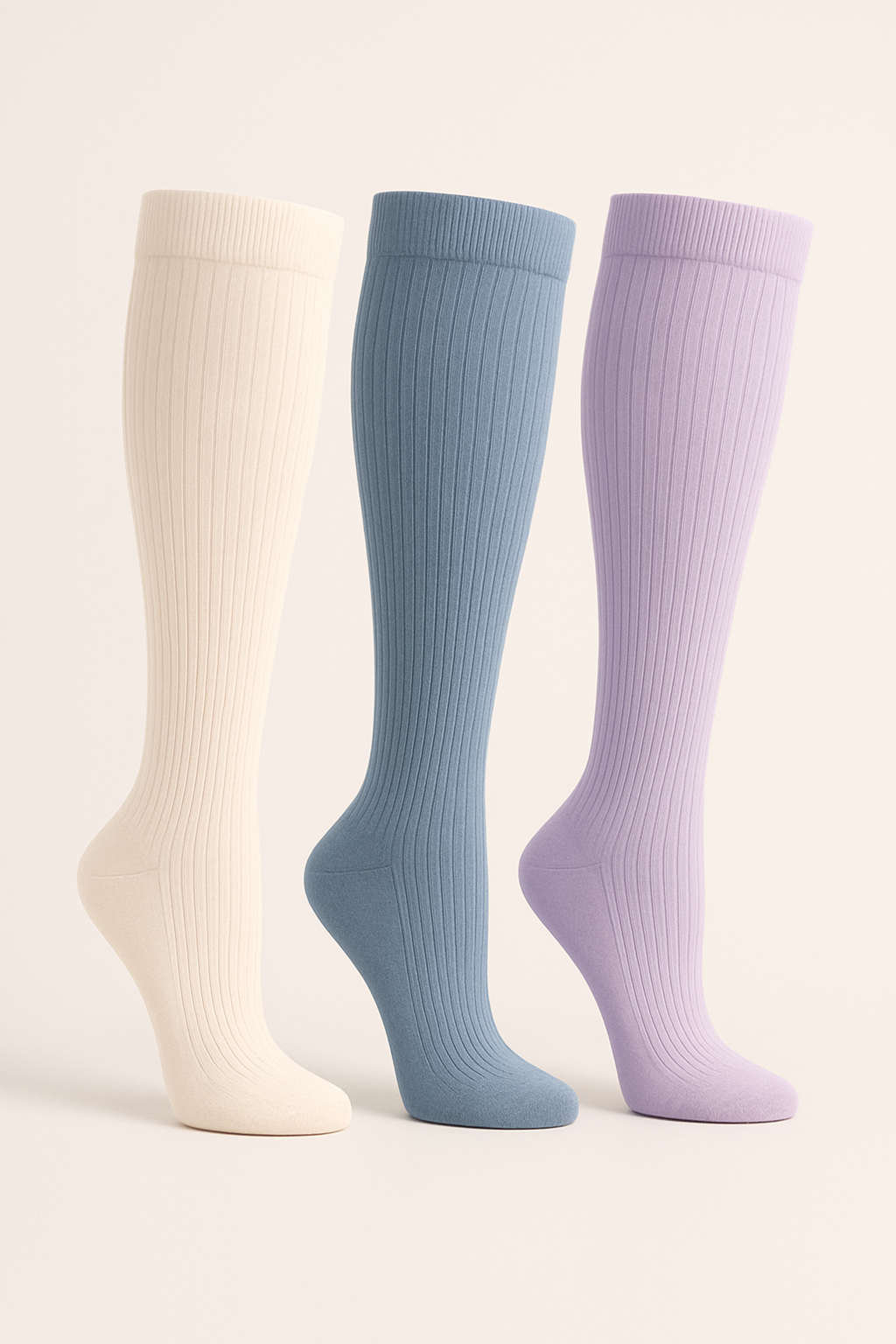 Full-length compression socks in cream, dusty blue, and lavender medical-grade colors
